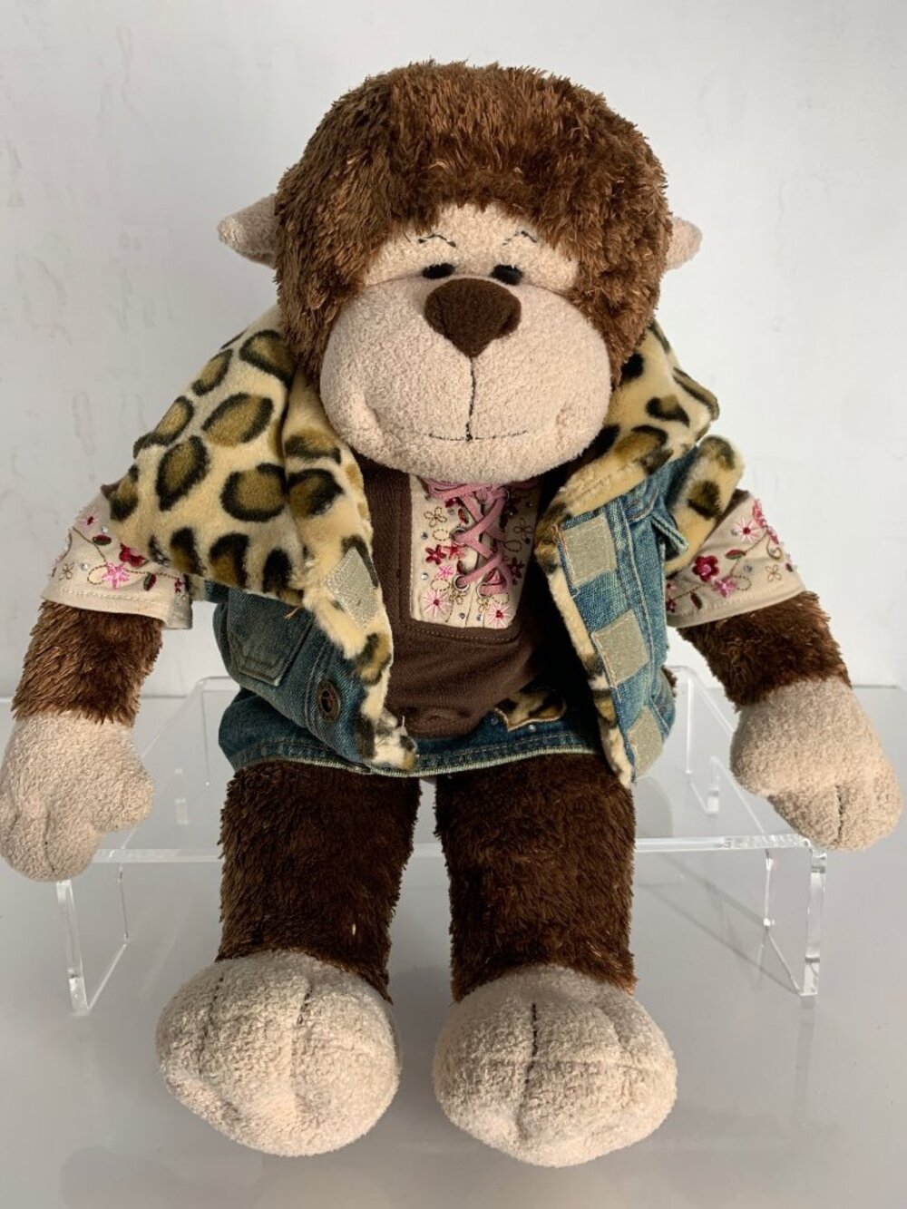 Build-A-Bear Y2K Monkey Plush With Denim Skirt Floral Brown Top & Leopard Lined